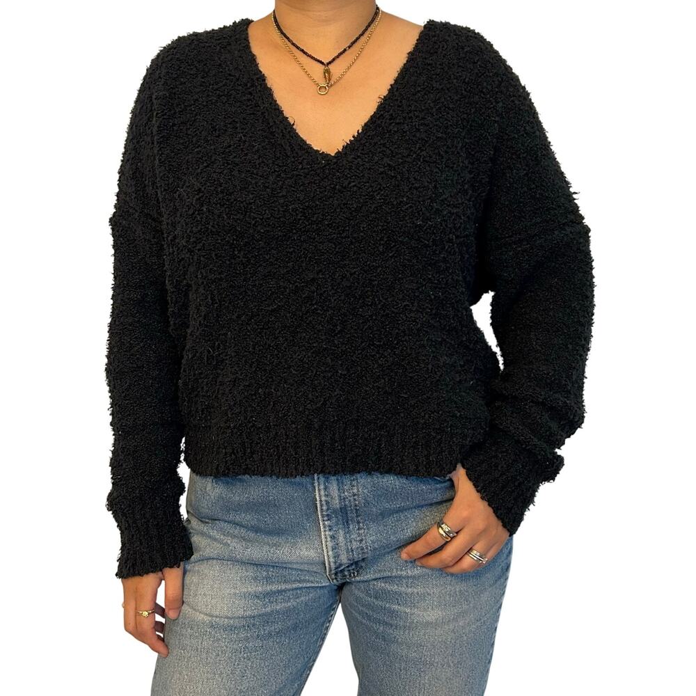 Free People Finders Keepers Sweater Black XS Oversized Slouchy V Neck Cotton